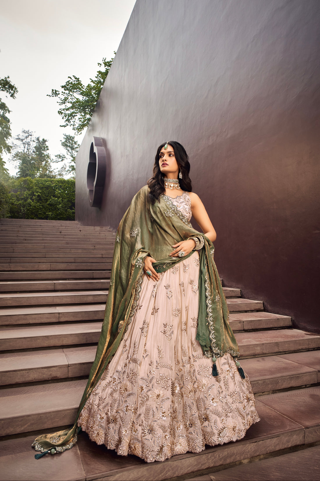 Cream and Green Viscose Embroidered Lehenga with Sequins Work