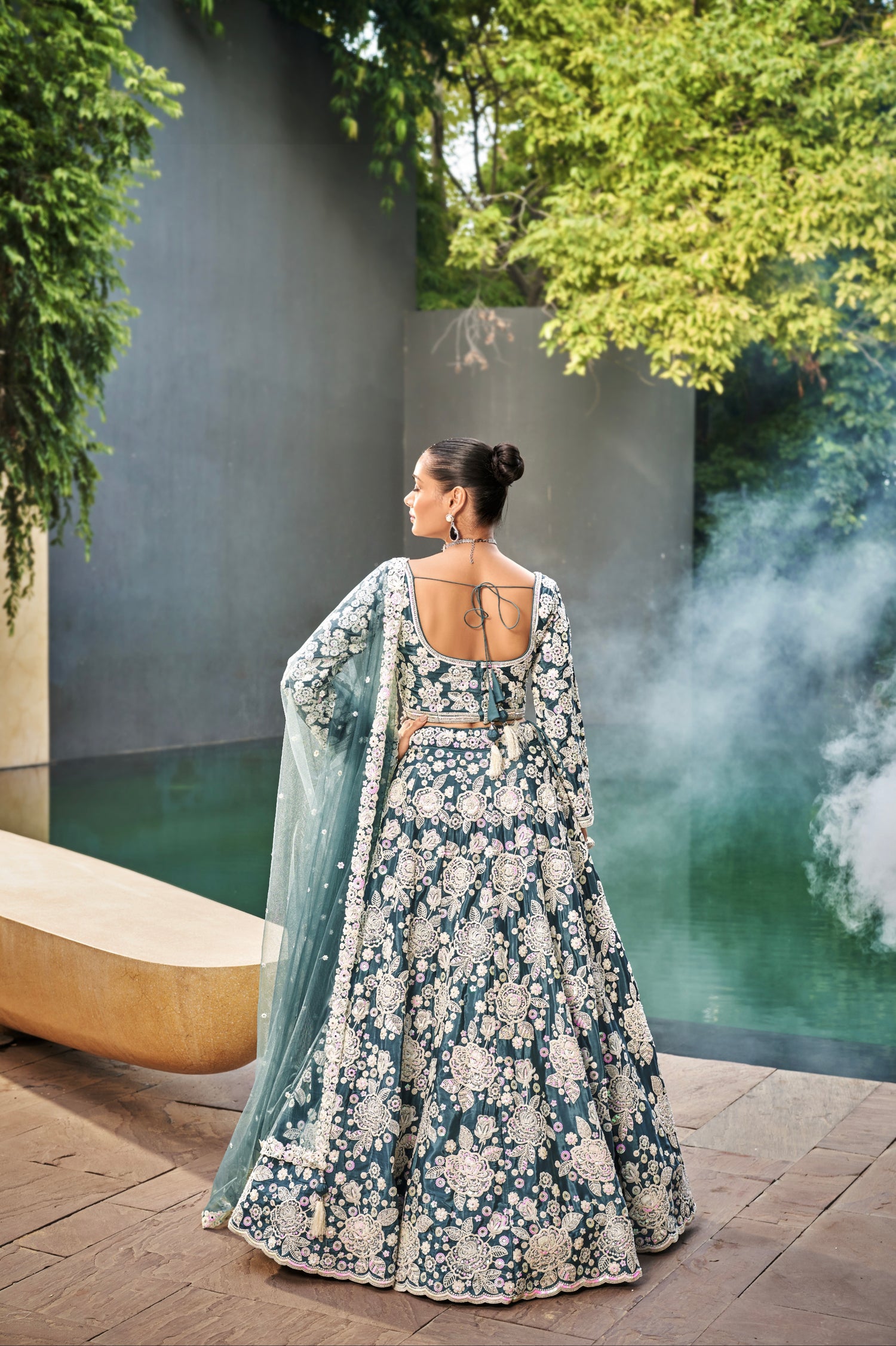 Teal Satin Bridal Lehenga with Exquisite Moti &amp; Sequins Embroidery