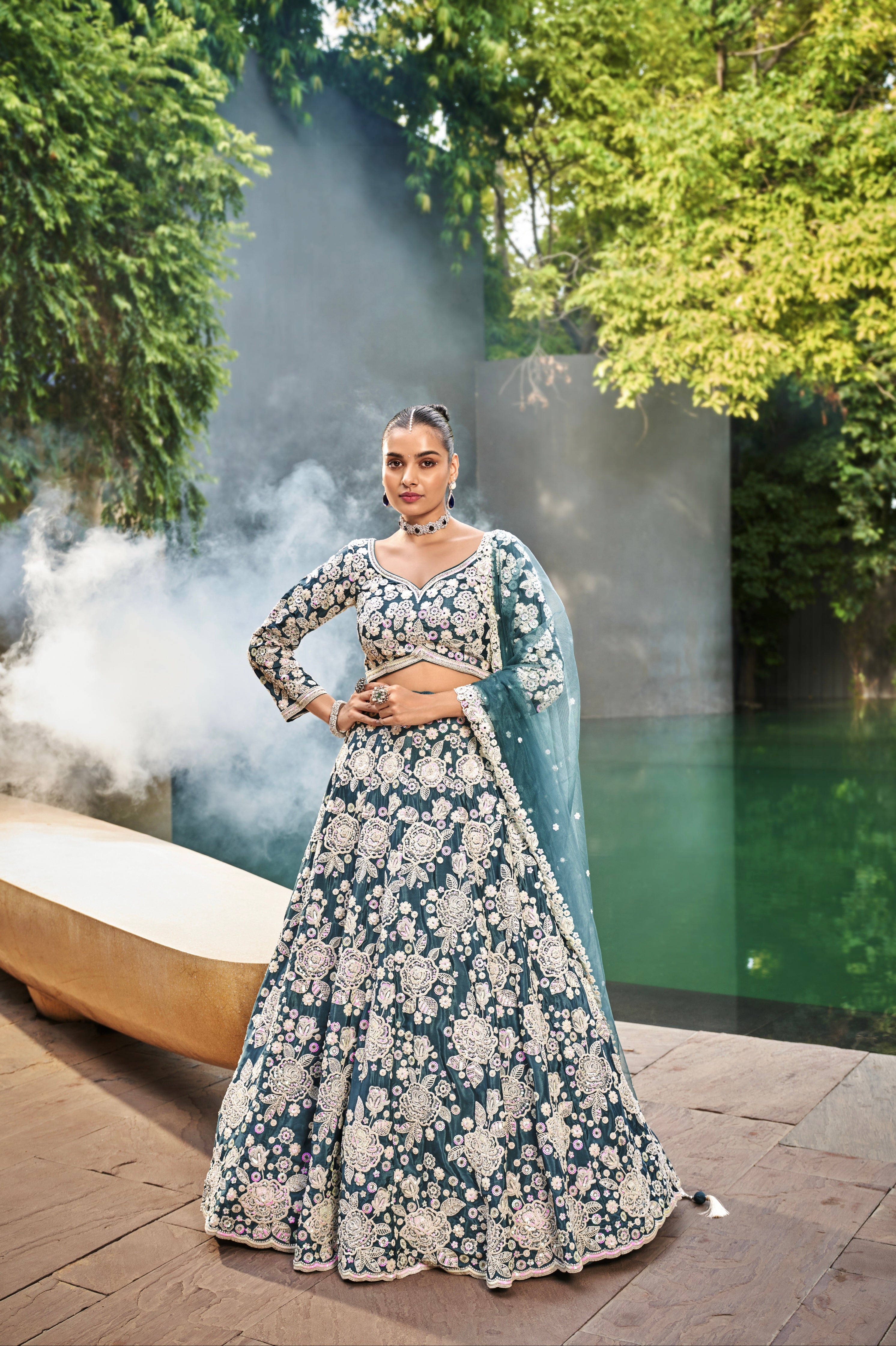 Teal Satin Bridal Lehenga with Exquisite Moti &amp; Sequins Embroidery