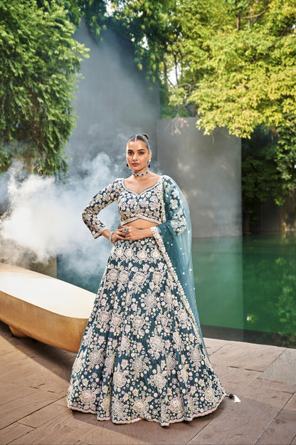Teal Satin Bridal Lehenga with Exquisite Moti &amp; Sequins Embroidery