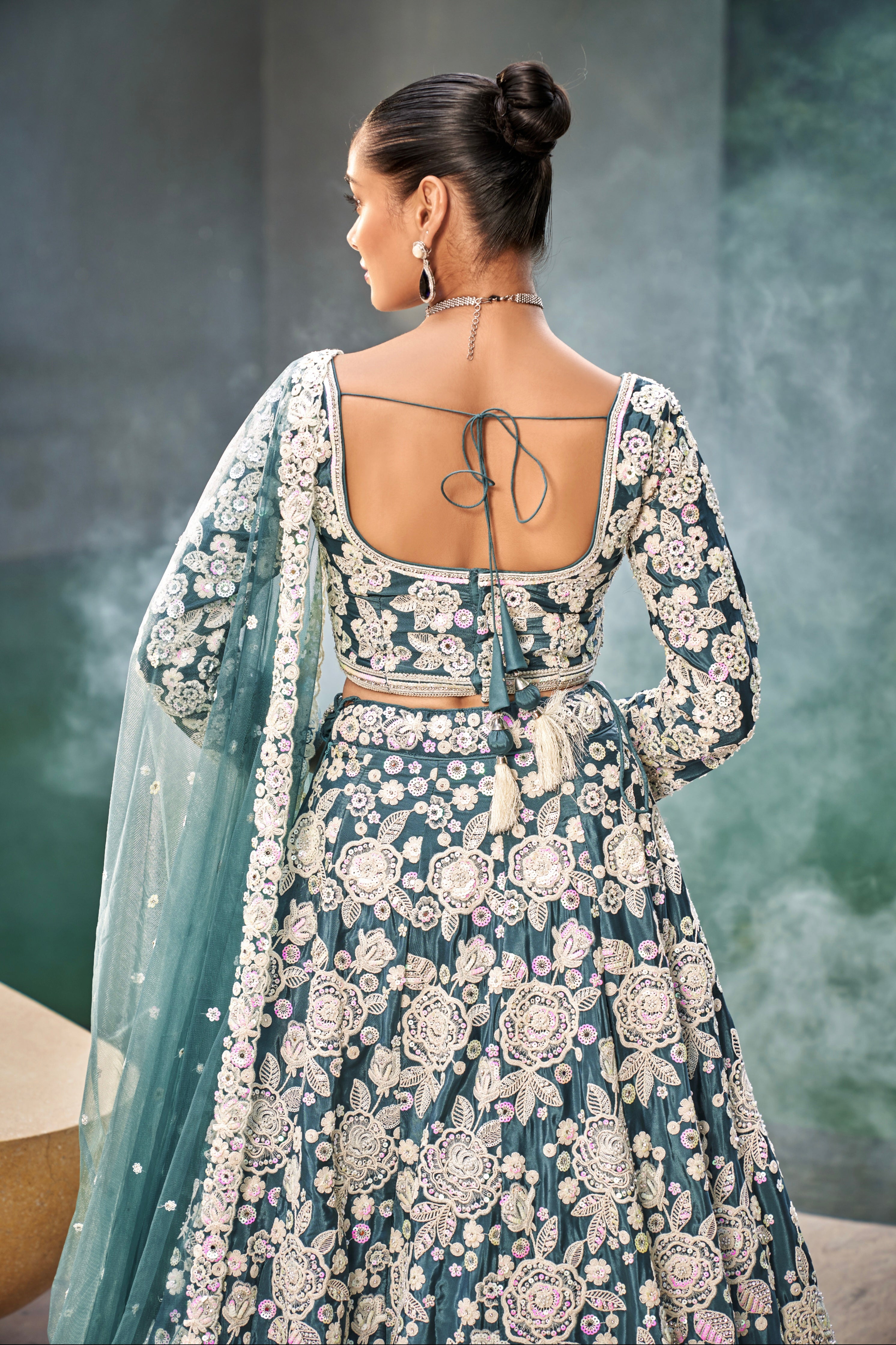 Teal Satin Bridal Lehenga with Exquisite Moti &amp; Sequins Embroidery