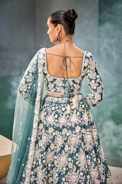 Teal Satin Bridal Lehenga with Exquisite Moti &amp; Sequins Embroidery
