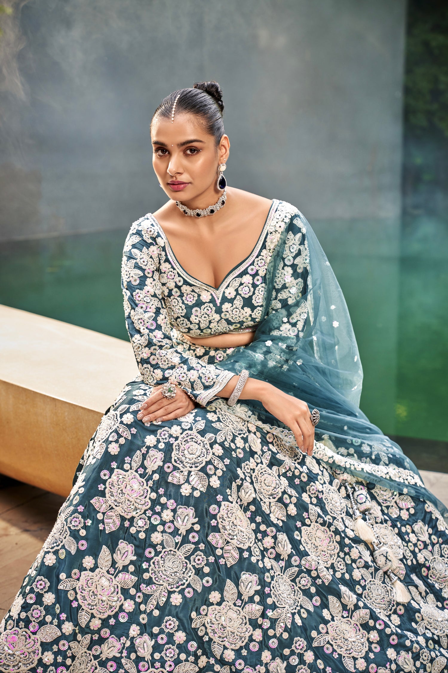 Teal Satin Bridal Lehenga with Exquisite Moti &amp; Sequins Embroidery