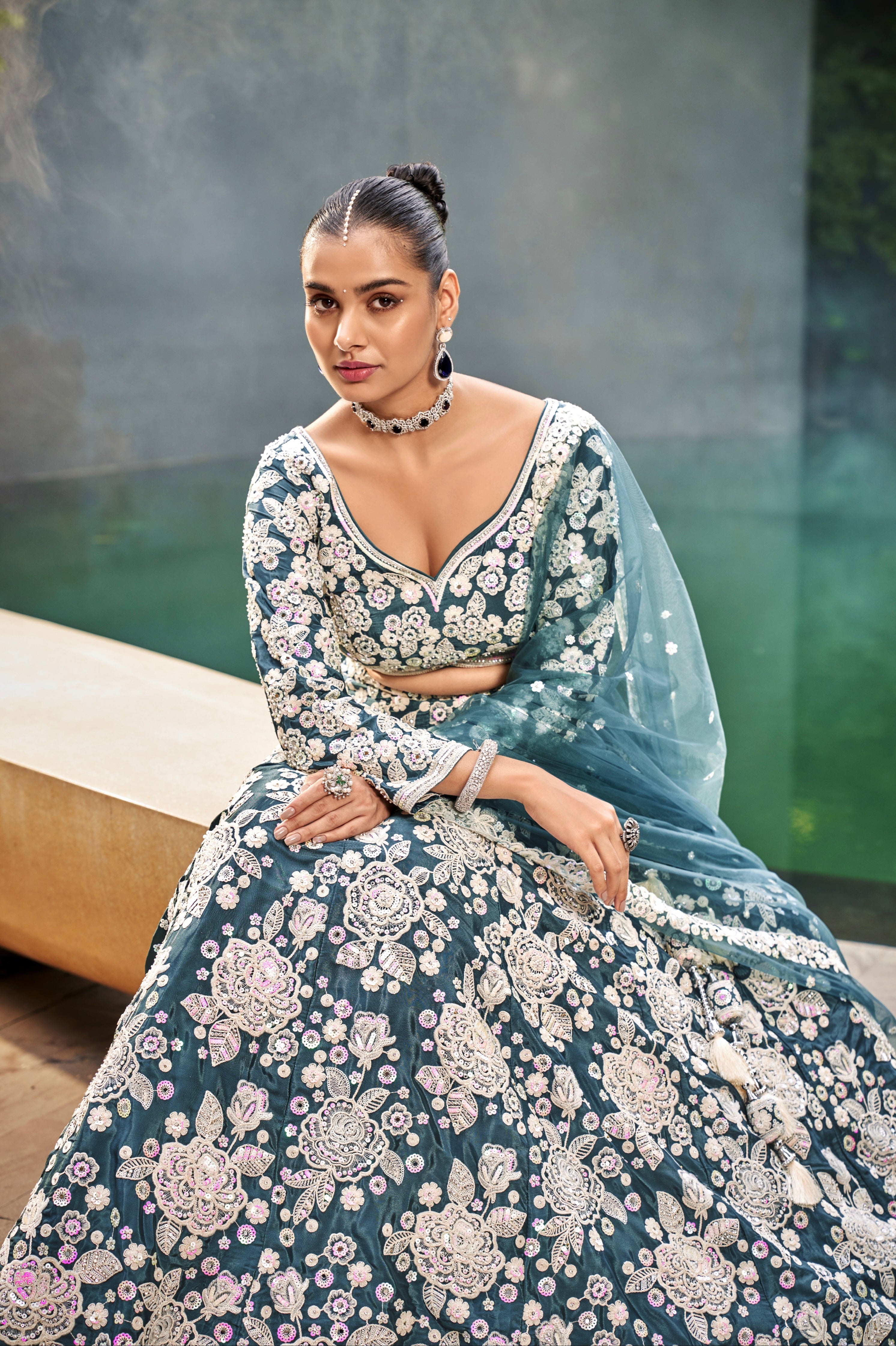 Teal Satin Bridal Lehenga with Exquisite Moti &amp; Sequins Embroidery