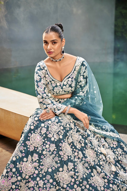 Teal Satin Bridal Lehenga with Exquisite Moti &amp; Sequins Embroidery