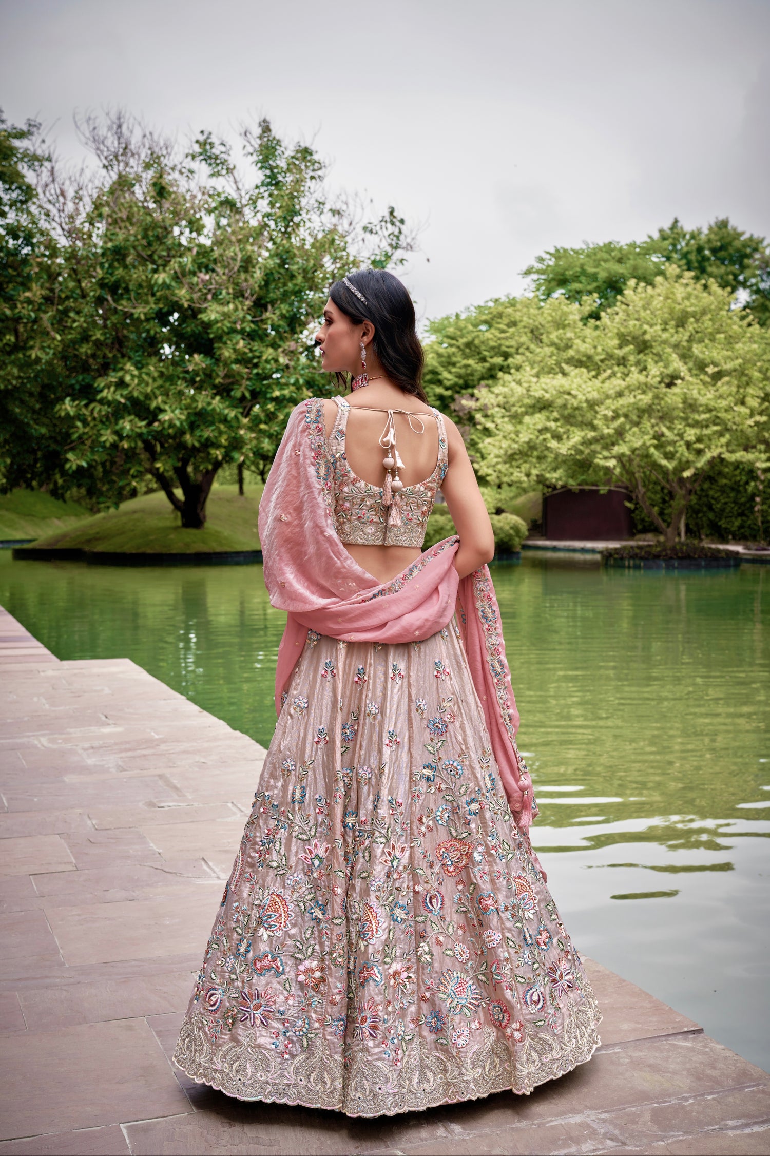 Rose Gold Organza Bridal Lehenga with Sequins &amp; Heavy Embroidery