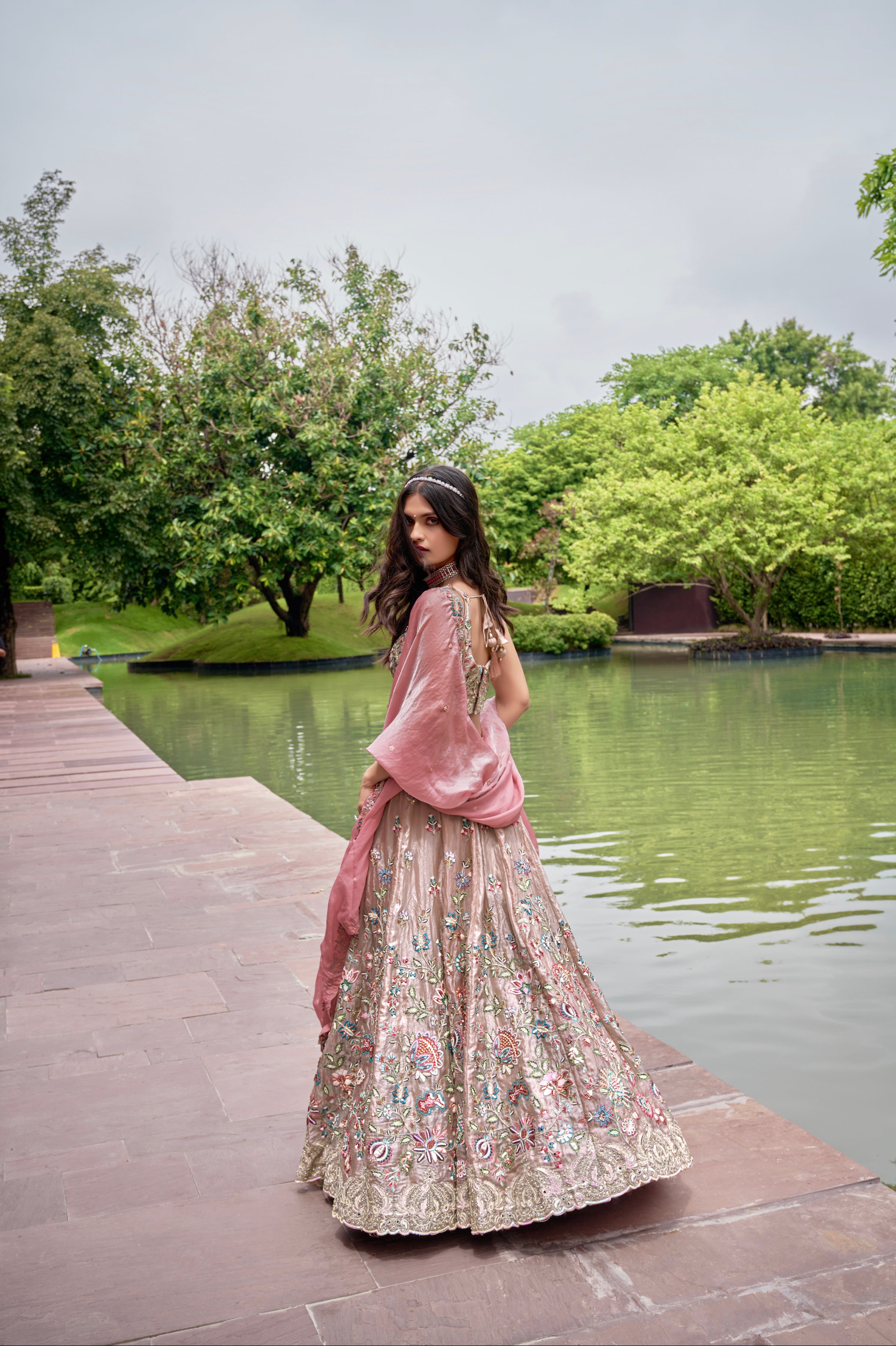 Rose Gold Organza Bridal Lehenga with Sequins &amp; Heavy Embroidery