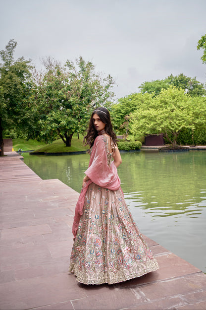 Rose Gold Organza Bridal Lehenga with Sequins &amp; Heavy Embroidery
