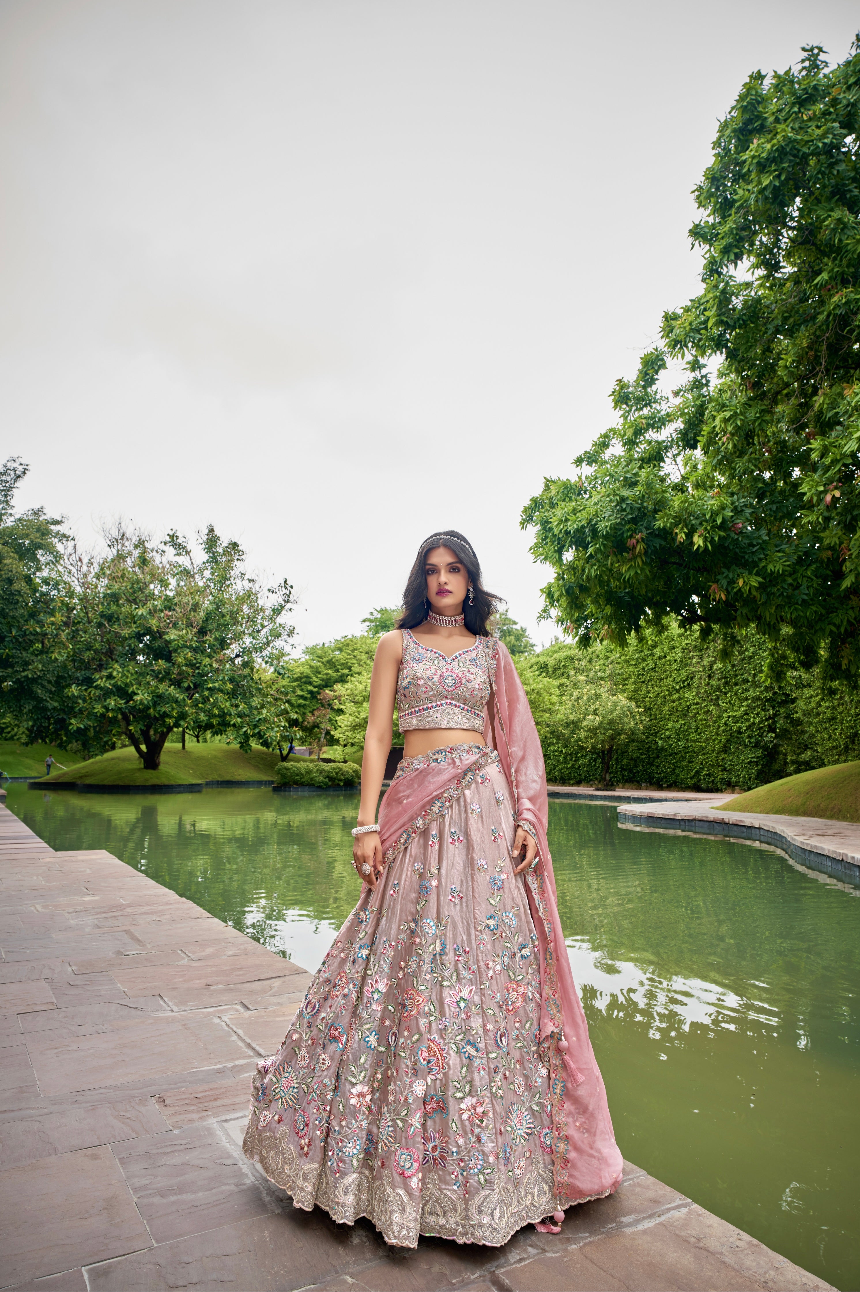Rose Gold Organza Bridal Lehenga with Sequins &amp; Heavy Embroidery