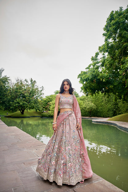 Rose Gold Organza Bridal Lehenga with Sequins &amp; Heavy Embroidery