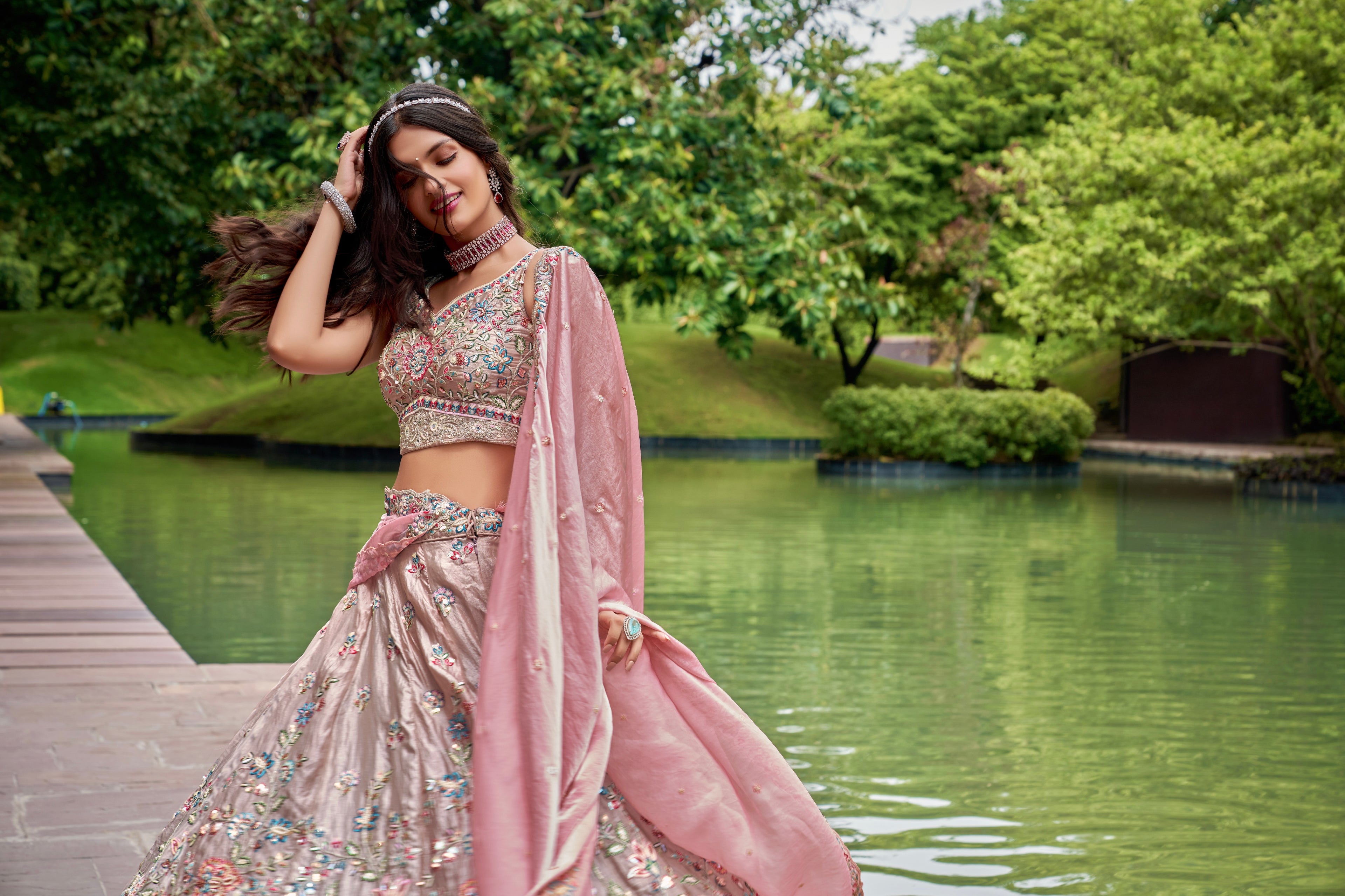Rose Gold Organza Bridal Lehenga with Sequins &amp; Heavy Embroidery