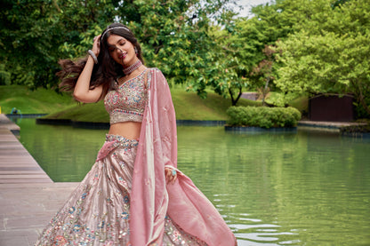 Rose Gold Organza Bridal Lehenga with Sequins &amp; Heavy Embroidery