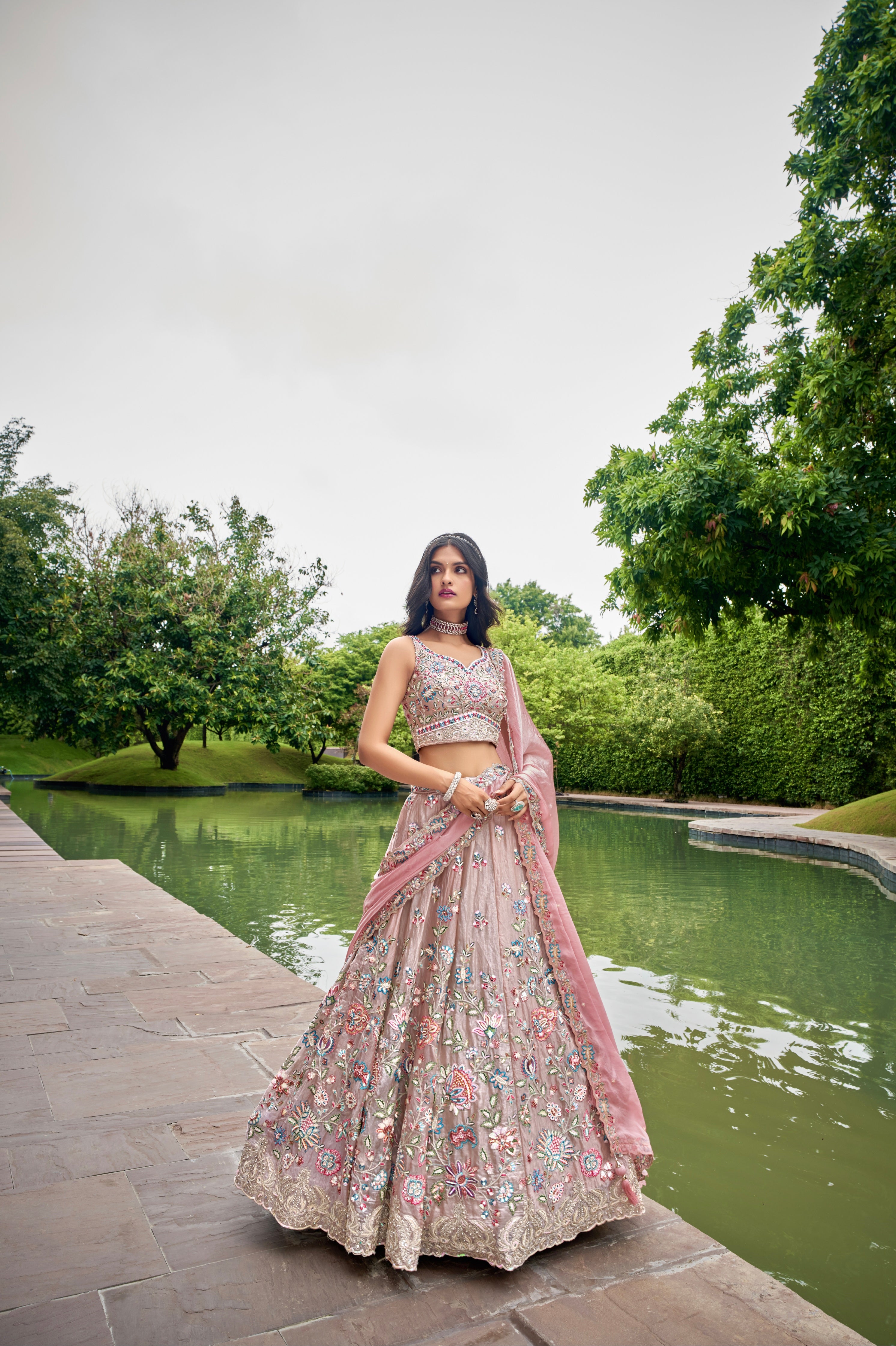 Rose Gold Organza Bridal Lehenga with Sequins &amp; Heavy Embroidery