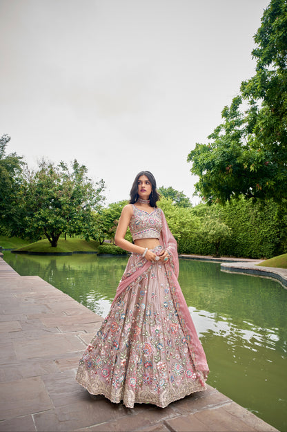 Rose Gold Organza Bridal Lehenga with Sequins &amp; Heavy Embroidery