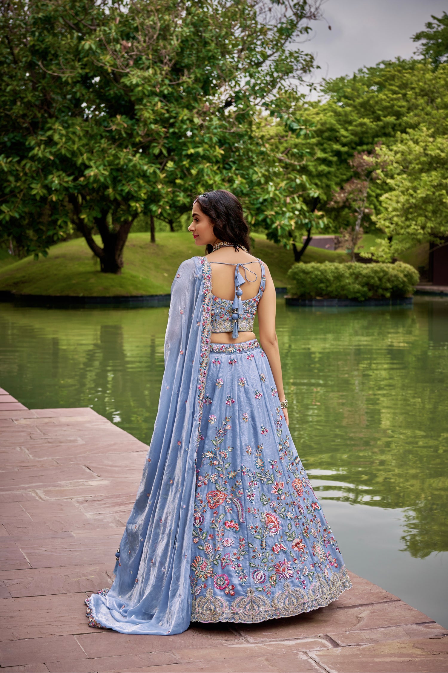 Turquoise Blue Organza Bridal Lehenga with Sequins &amp; Heavy Embroidery