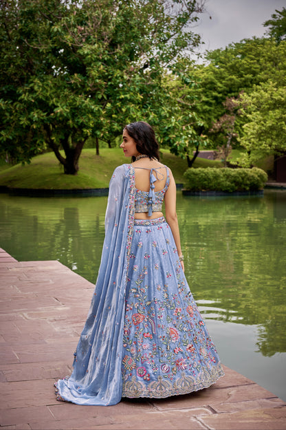 Turquoise Blue Organza Bridal Lehenga with Sequins &amp; Heavy Embroidery