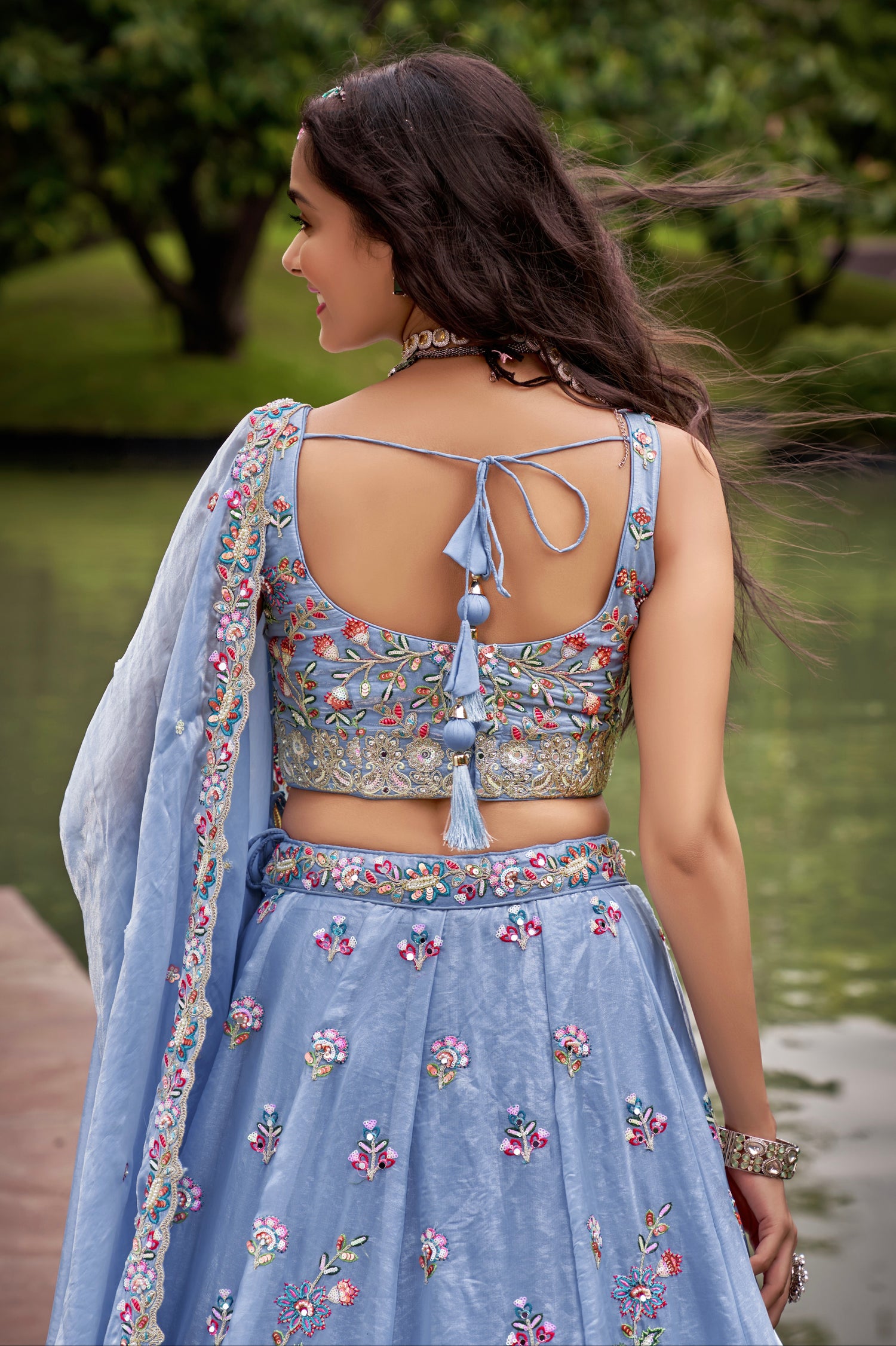 Turquoise Blue Organza Bridal Lehenga with Sequins &amp; Heavy Embroidery