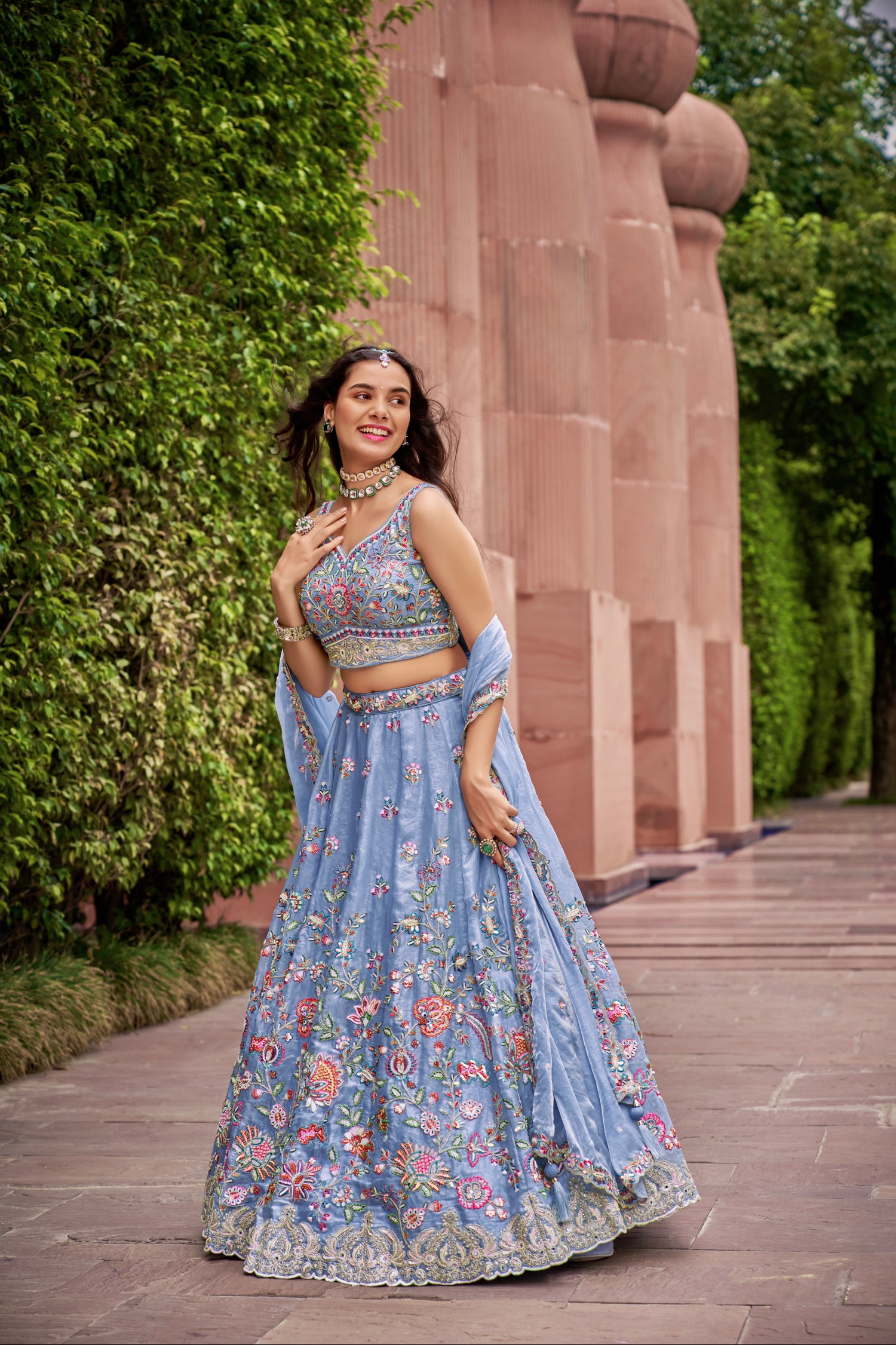 Turquoise Blue Organza Bridal Lehenga with Sequins &amp; Heavy Embroidery