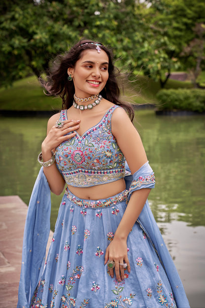 Turquoise Blue Organza Bridal Lehenga with Sequins &amp; Heavy Embroidery