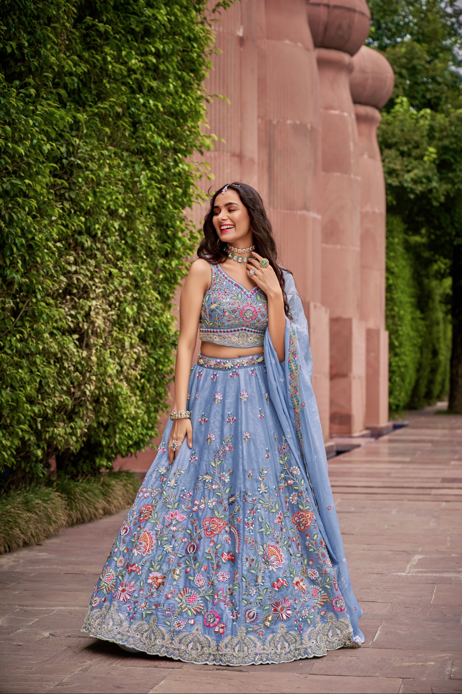 Turquoise Blue Organza Bridal Lehenga with Sequins &amp; Heavy Embroidery