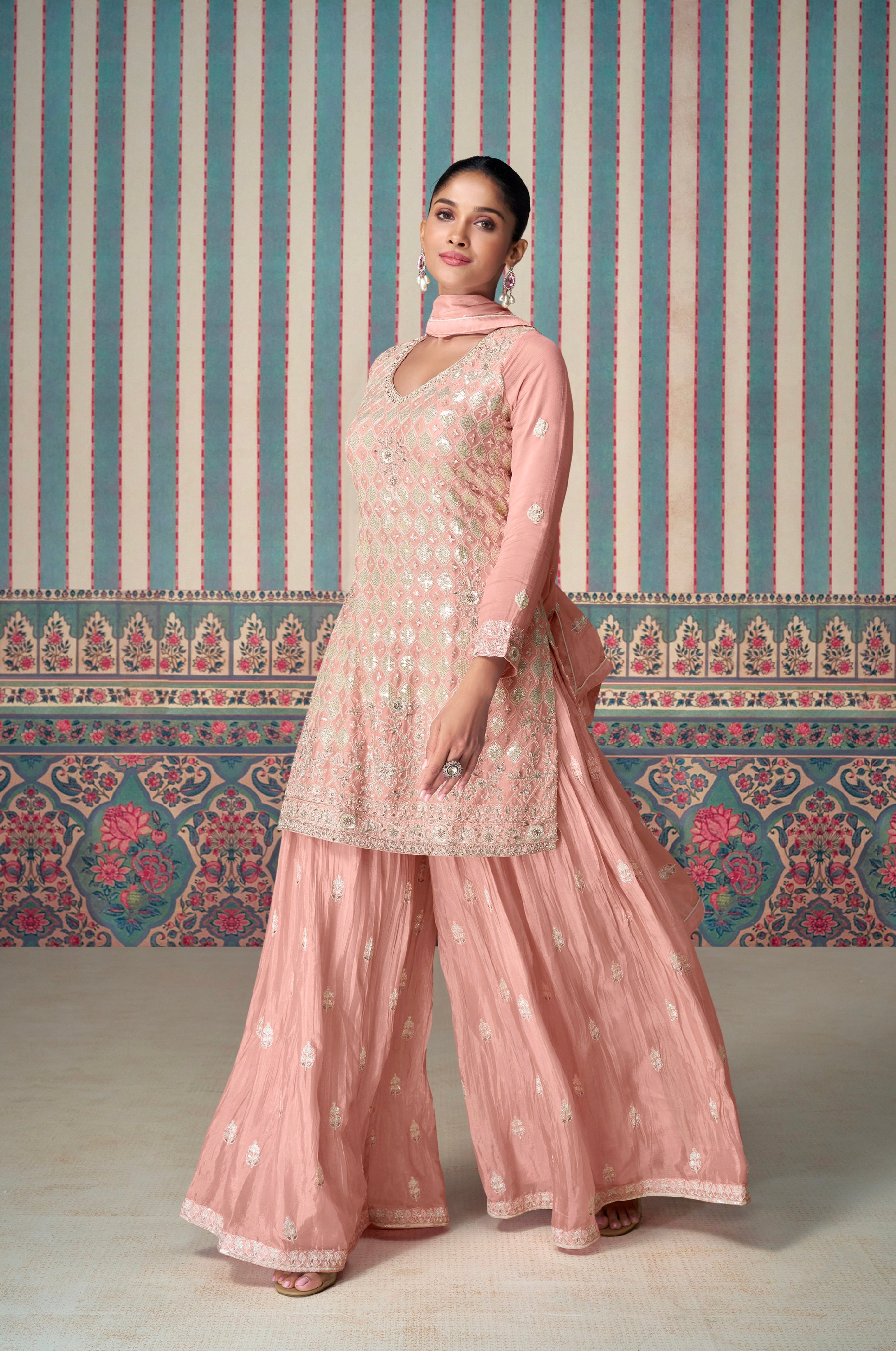 Blush Pink Premium Chinon Silk Embroidered Sharara Set with Dupatta