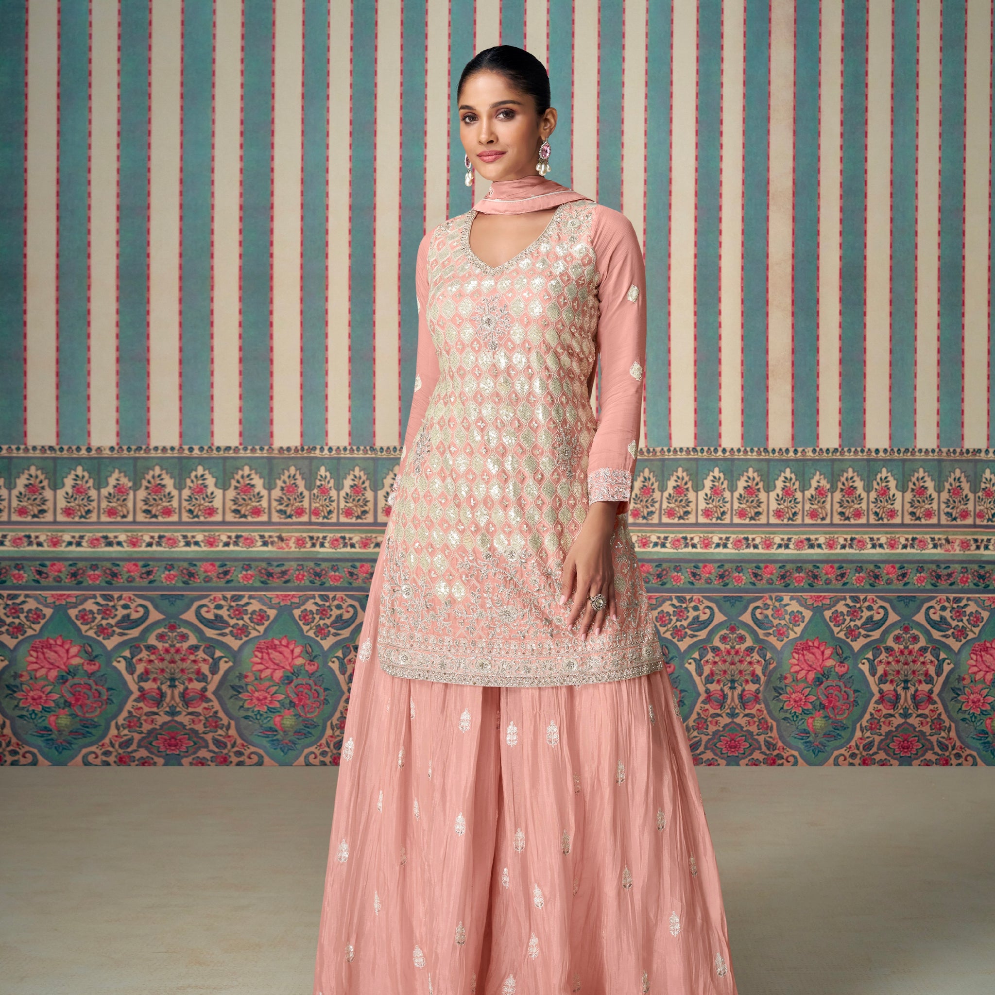 Blush Pink Premium Chinon Silk Embroidered Sharara Set with Dupatta