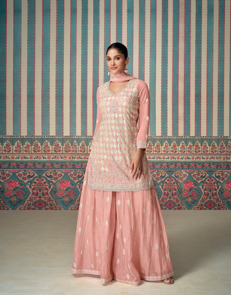 Blush Pink Premium Chinon Silk Embroidered Sharara Set with Dupatta