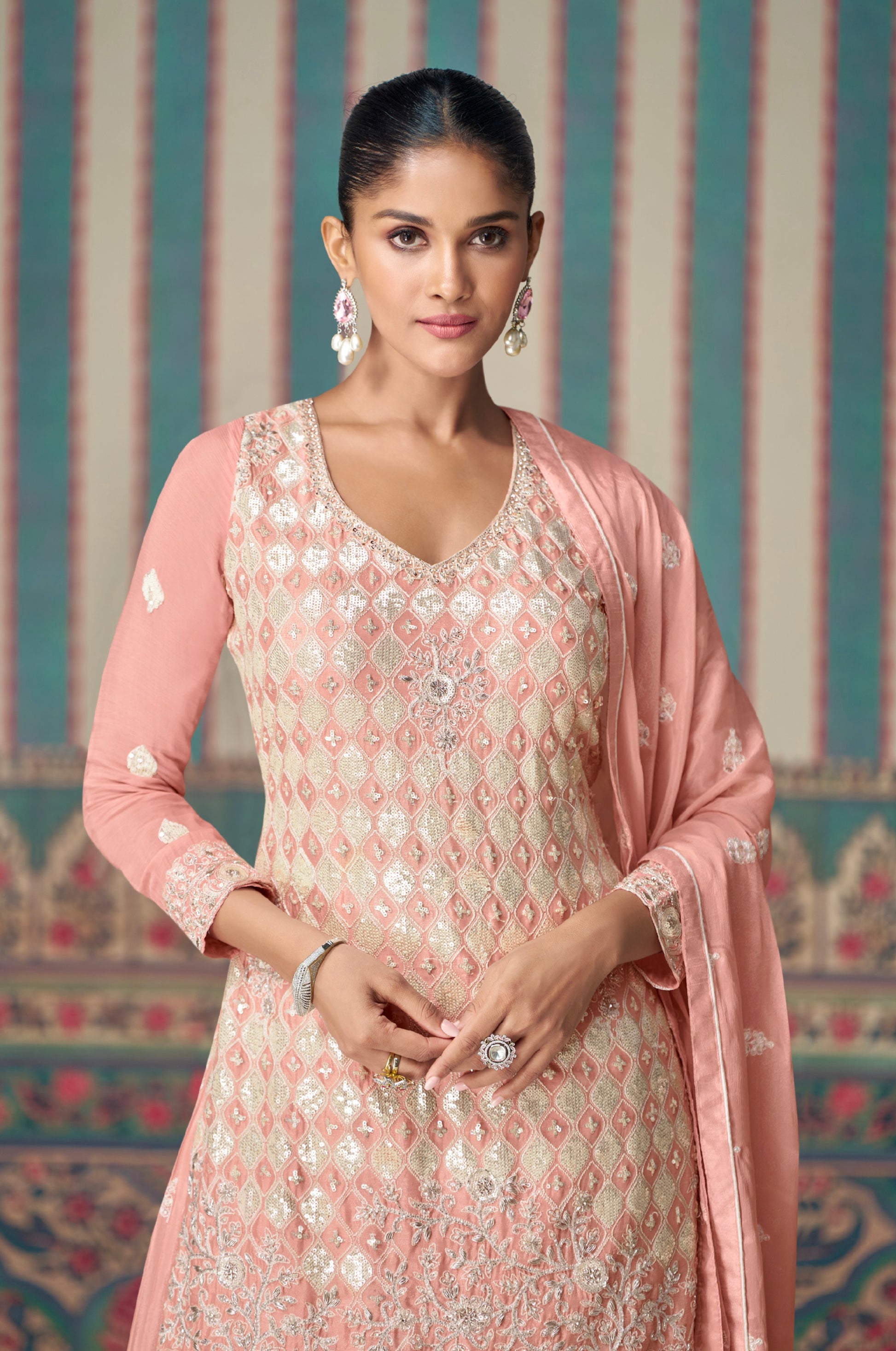 Blush Pink Premium Chinon Silk Embroidered Sharara Set with Dupatta