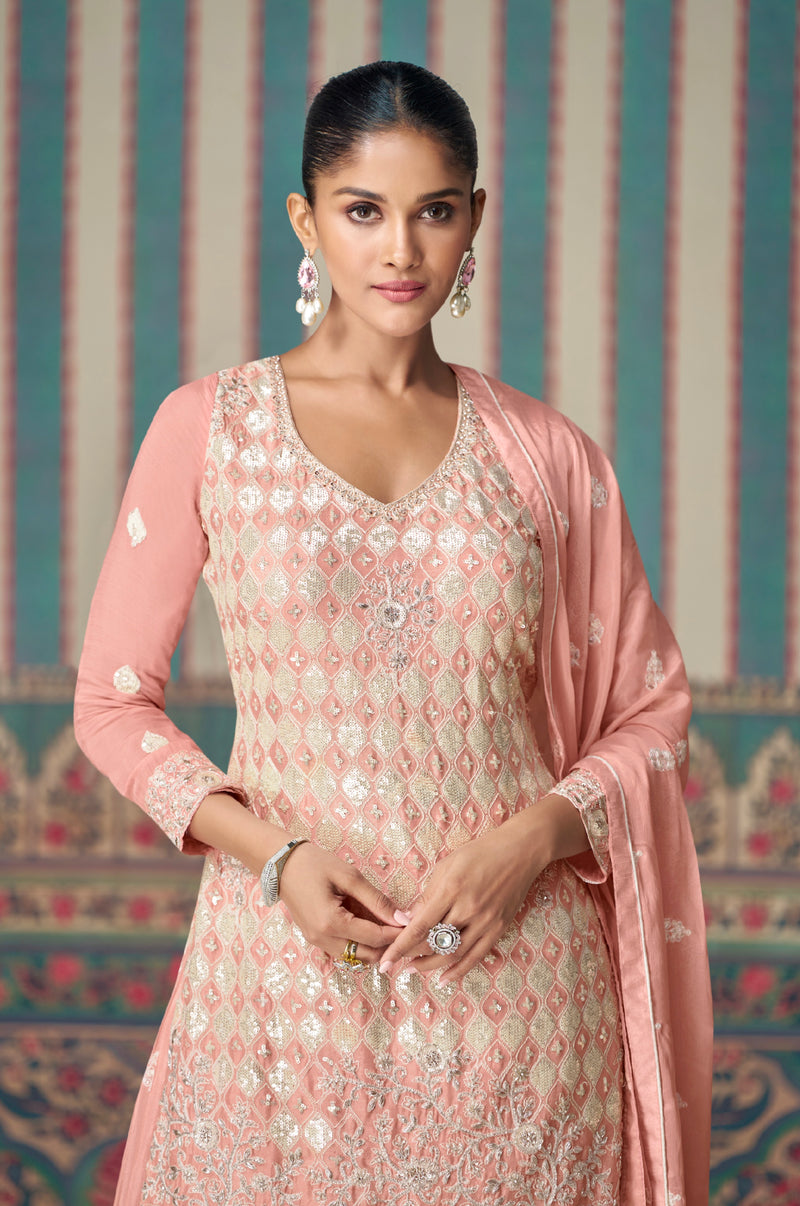 Blush Pink Premium Chinon Silk Embroidered Sharara Set with Dupatta