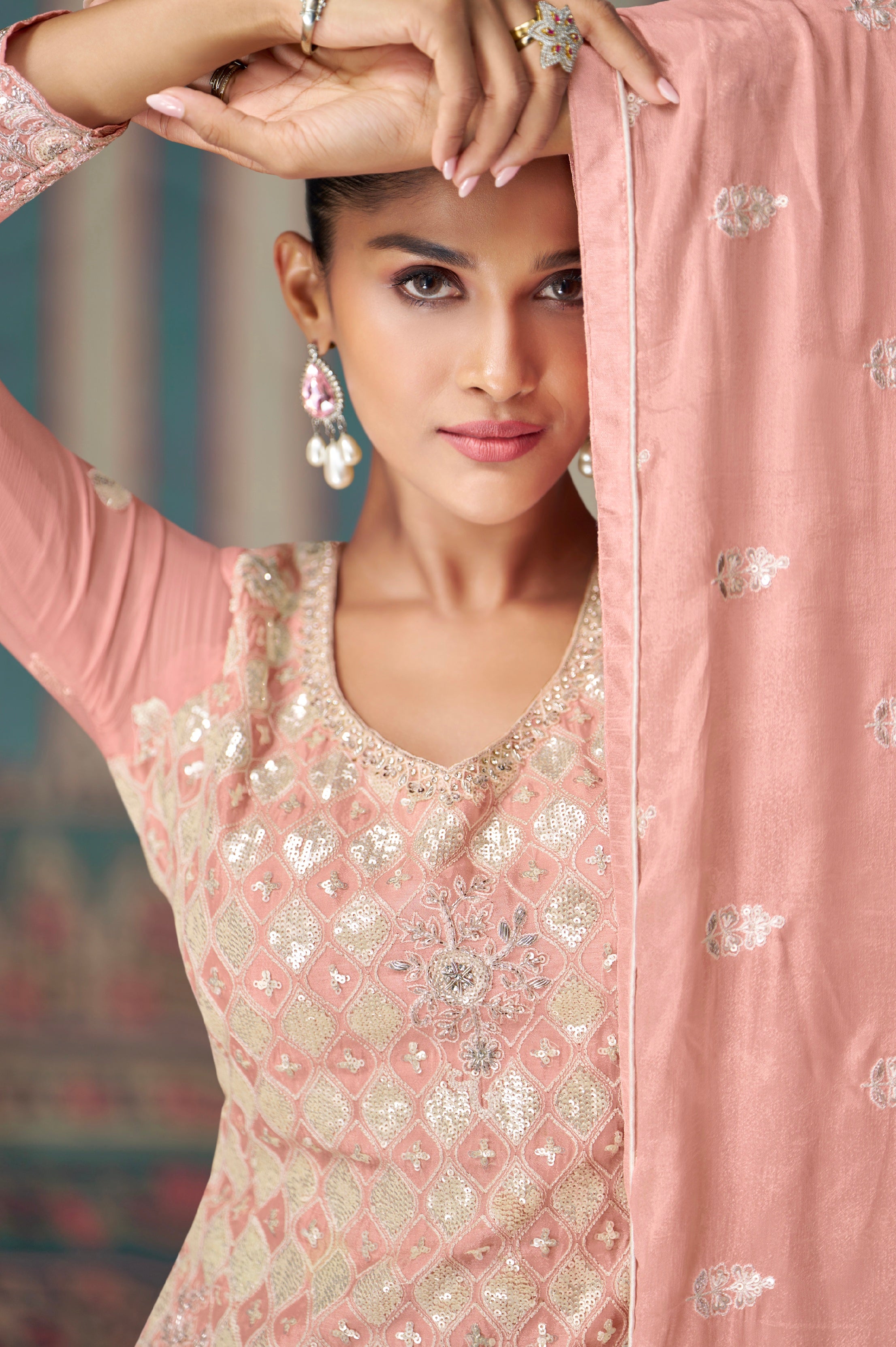 Blush Pink Premium Chinon Silk Embroidered Sharara Set with Dupatta