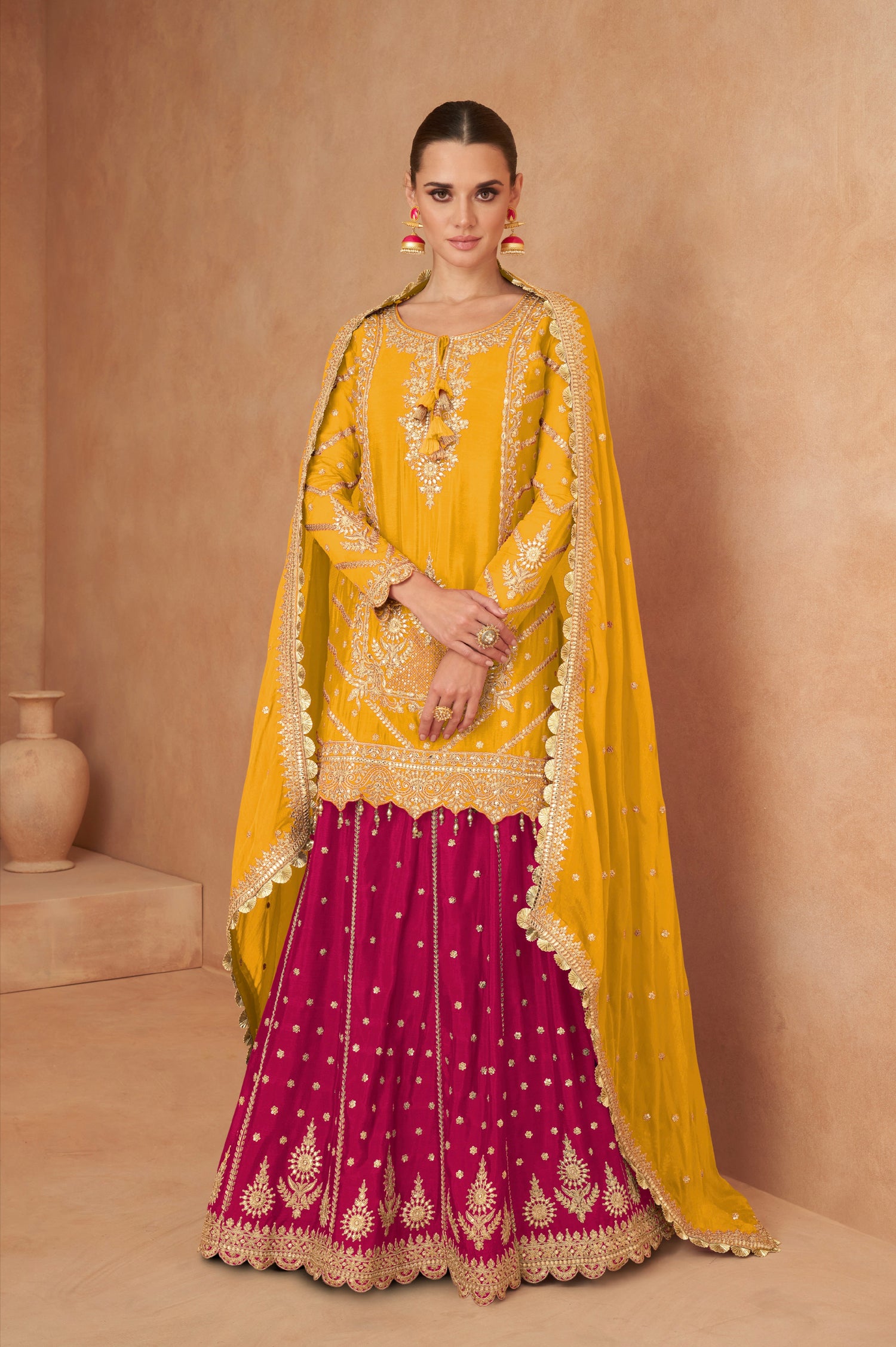 Bright Yellow &amp; Magenta Chinon Sharara Set with Intricate Mirror Work