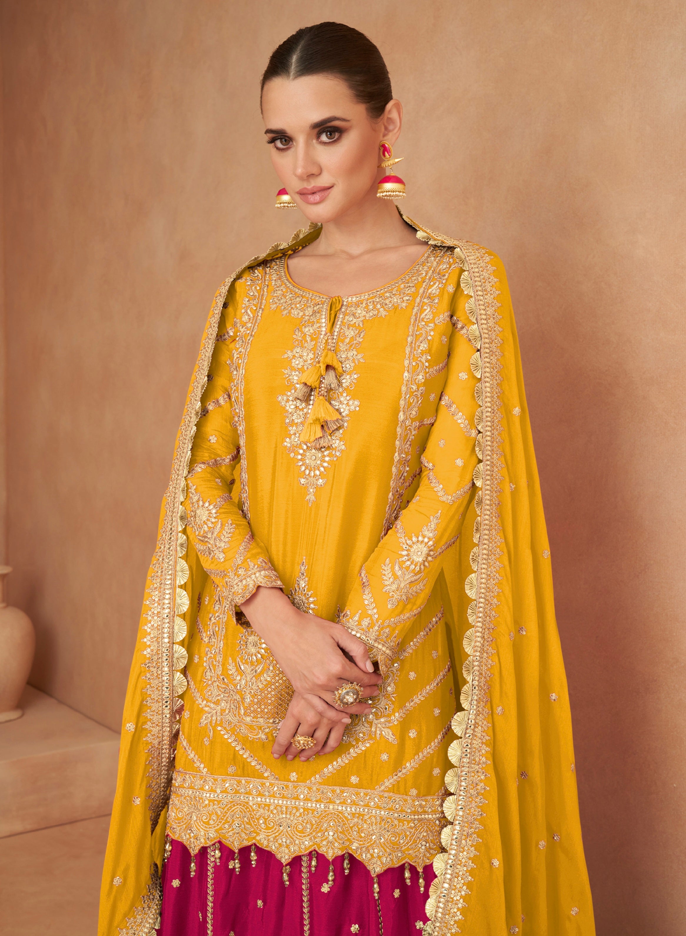 Bright Yellow &amp; Magenta Chinon Sharara Set with Intricate Mirror Work