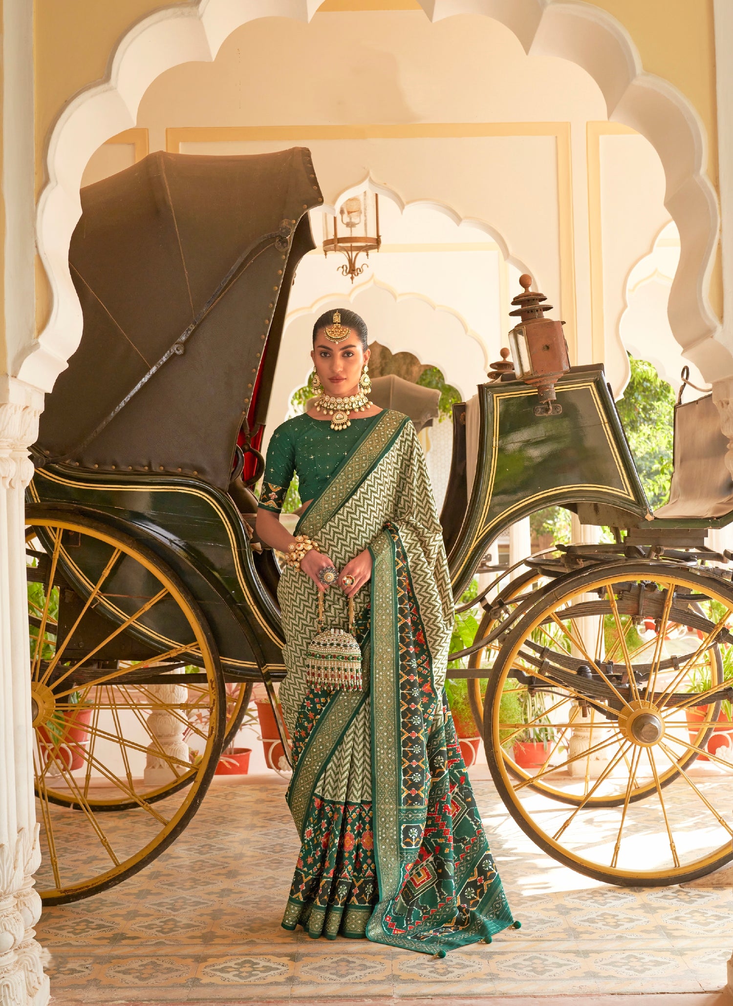 Green &amp; Blue Patola Silk Saree &amp; Elephant Pallu &amp; Golden Silver Border