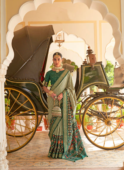 Green &amp; Blue Patola Silk Saree &amp; Elephant Pallu &amp; Golden Silver Border