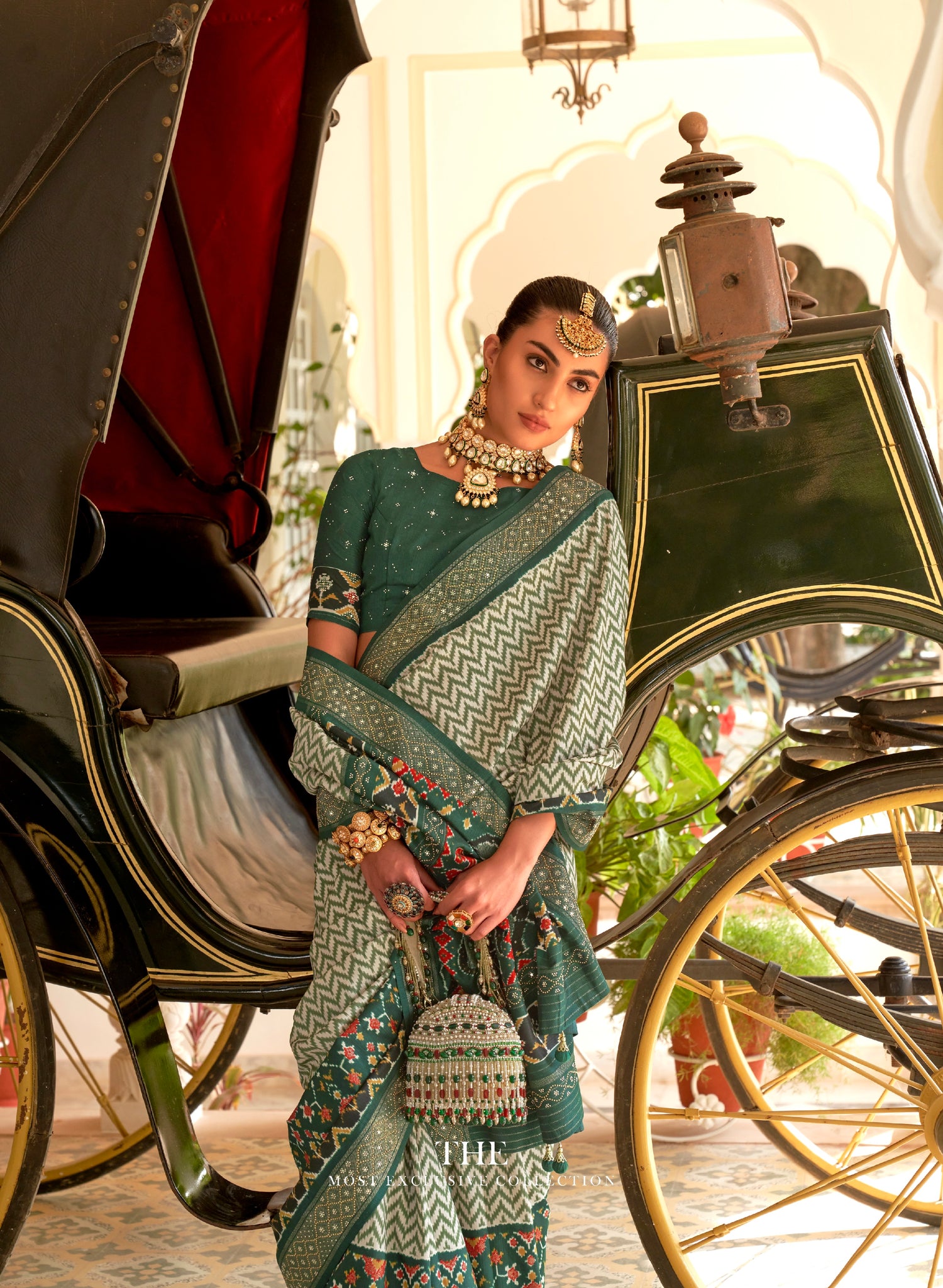 Green &amp; Blue Patola Silk Saree &amp; Elephant Pallu &amp; Golden Silver Border