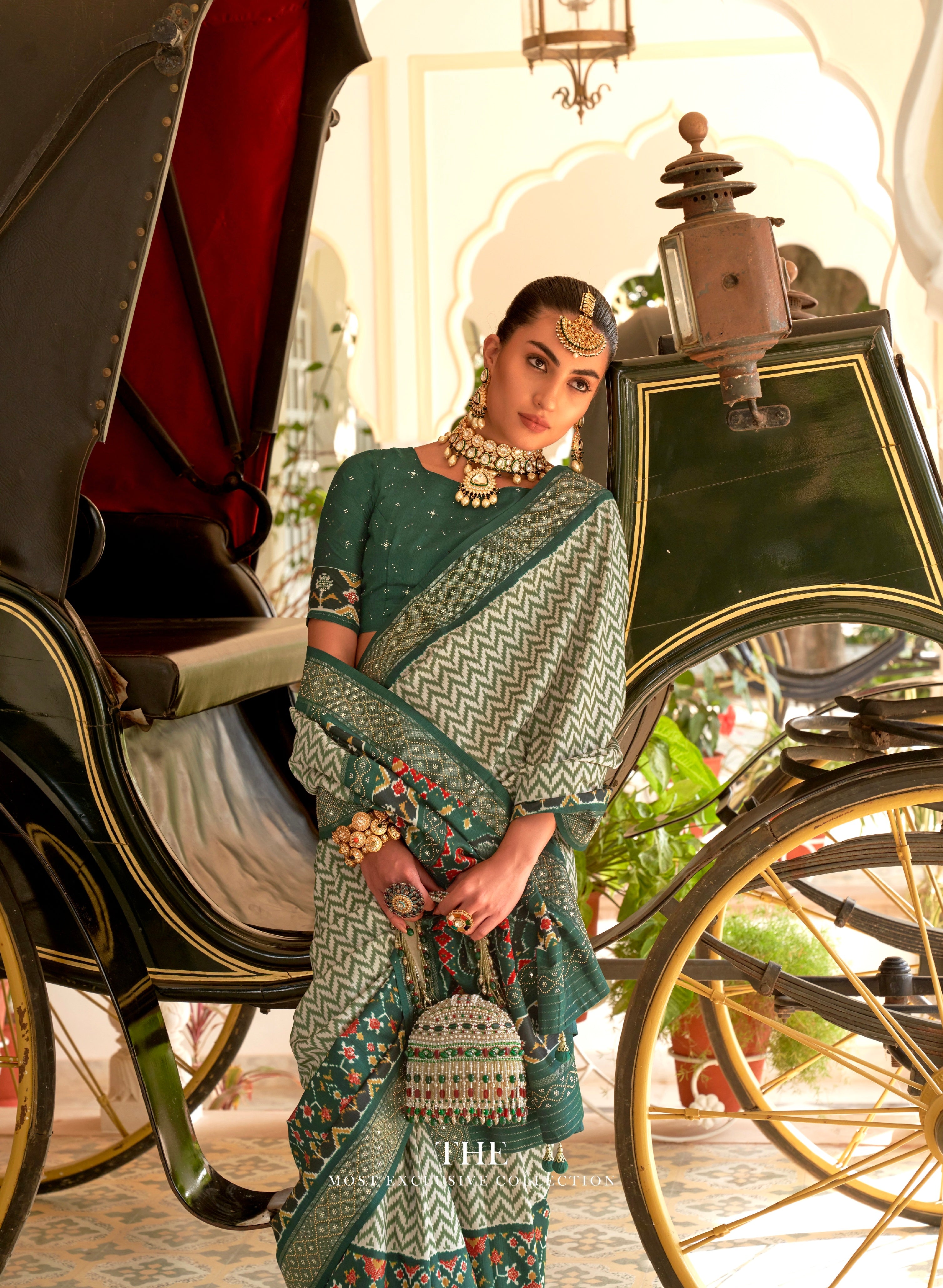 Green &amp; Blue Patola Silk Saree &amp; Elephant Pallu &amp; Golden Silver Border