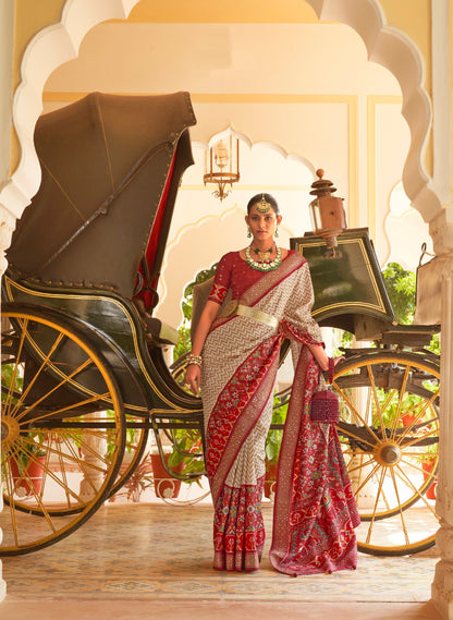 Maroon &amp; White Patola Silk Saree with Silver Border and Elephant Pallu