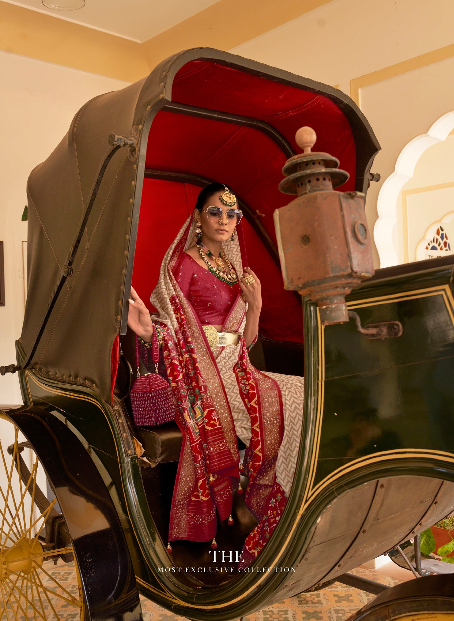 Maroon &amp; White Patola Silk Saree with Silver Border and Elephant Pallu