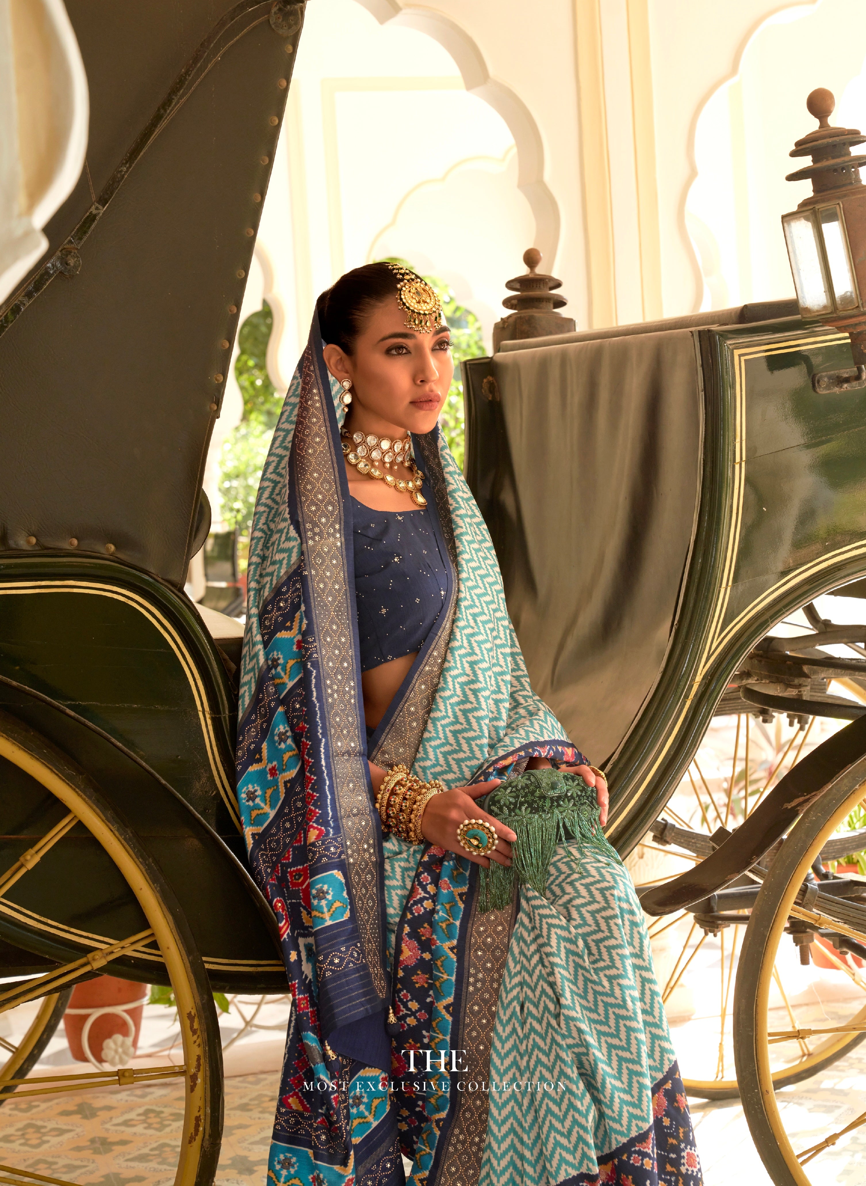 Blue &amp; Grey Patola Silk Saree with Silver Border and Elephant Pallu