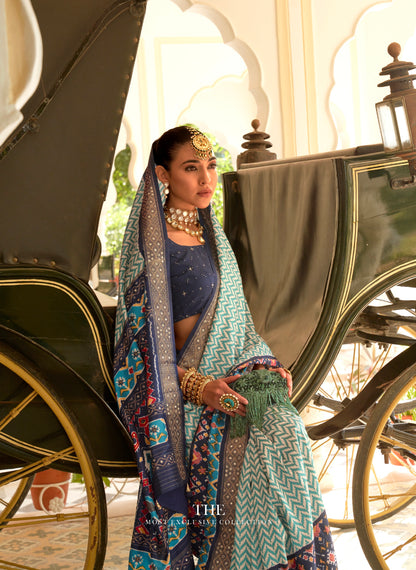 Blue &amp; Grey Patola Silk Saree with Silver Border and Elephant Pallu