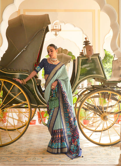 Blue &amp; Grey Patola Silk Saree with Silver Border and Elephant Pallu