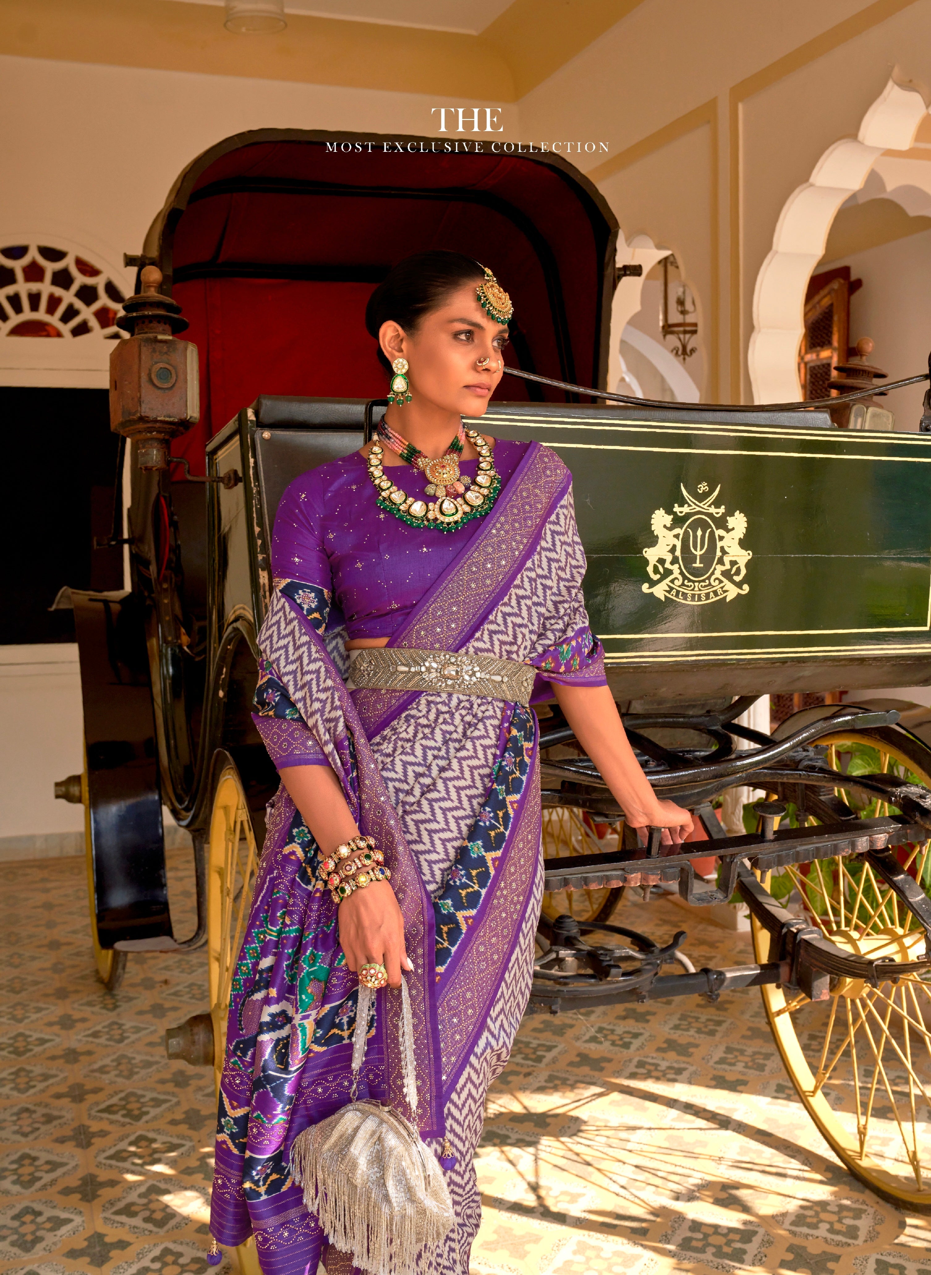 Purple &amp; Lavender Patola Silk Saree with Silver Dew-Drop Border