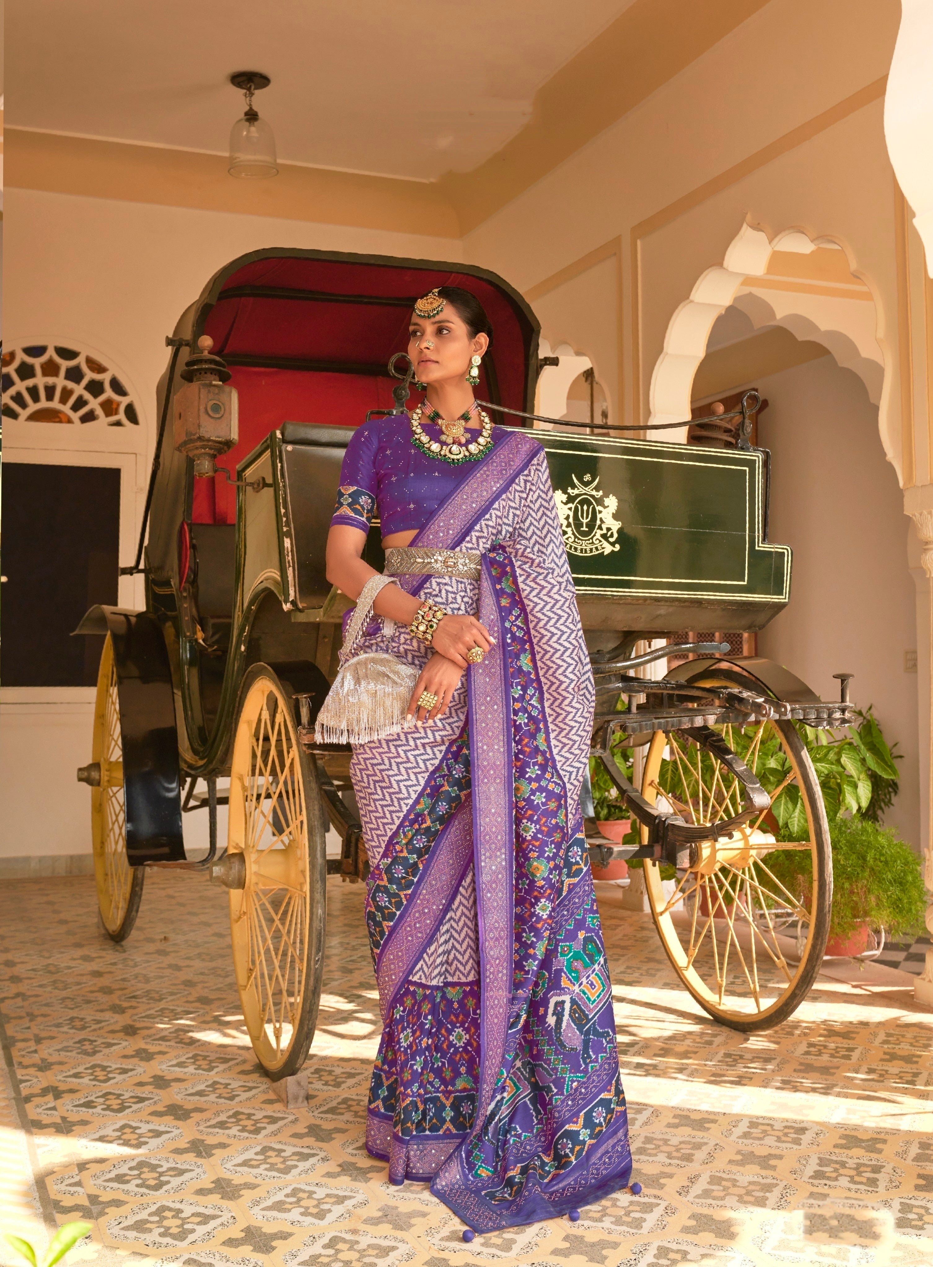 Purple &amp; Lavender Patola Silk Saree with Silver Dew-Drop Border