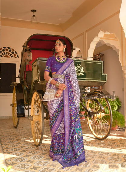 Purple &amp; Lavender Patola Silk Saree with Silver Dew-Drop Border