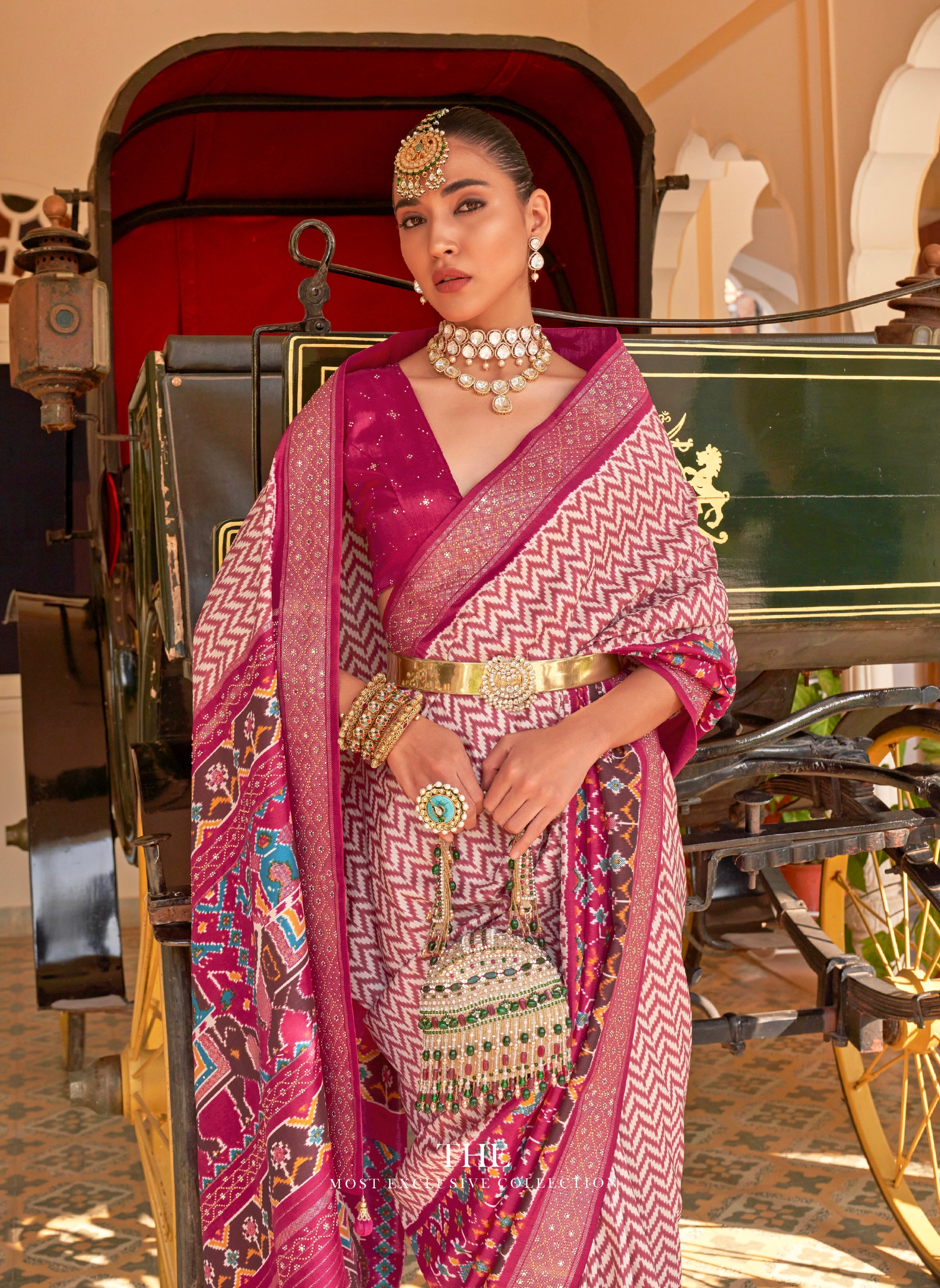 Magenta &amp; Pink Patola Silk Saree with Silver Border and Elephant Pallu