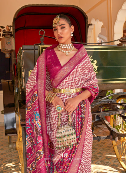 Magenta &amp; Pink Patola Silk Saree with Silver Border and Elephant Pallu