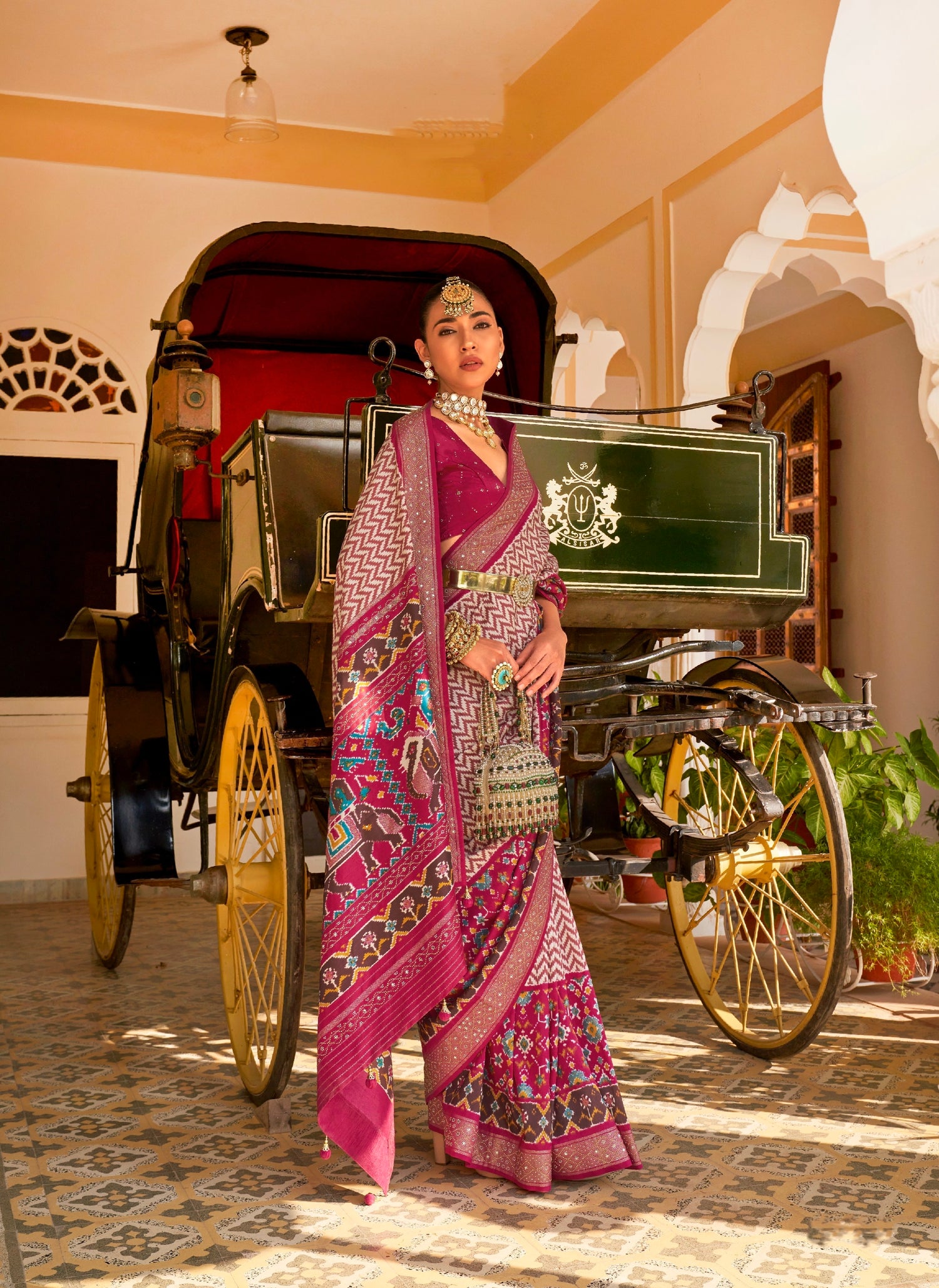 Magenta &amp; Pink Patola Silk Saree with Silver Border and Elephant Pallu