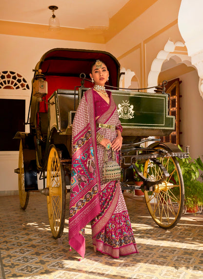 Magenta &amp; Pink Patola Silk Saree with Silver Border and Elephant Pallu