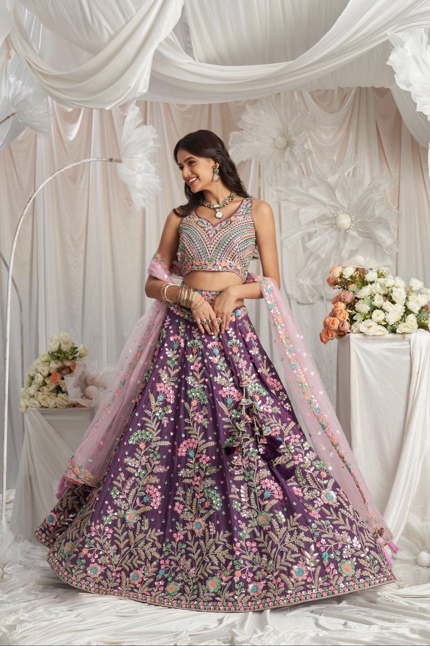 Purple Georgette Lehenga with Multi-Color Sequins &amp; Zarkan Embroidery