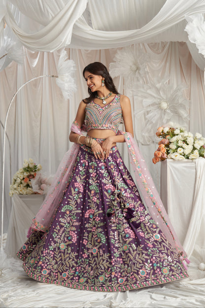 Purple Georgette Lehenga with Multi-Color Sequins &amp; Zarkan Embroidery